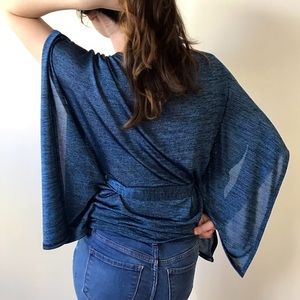 Arden B Blue and Black Metallic Thread Knit Wrap Kimono Shirt